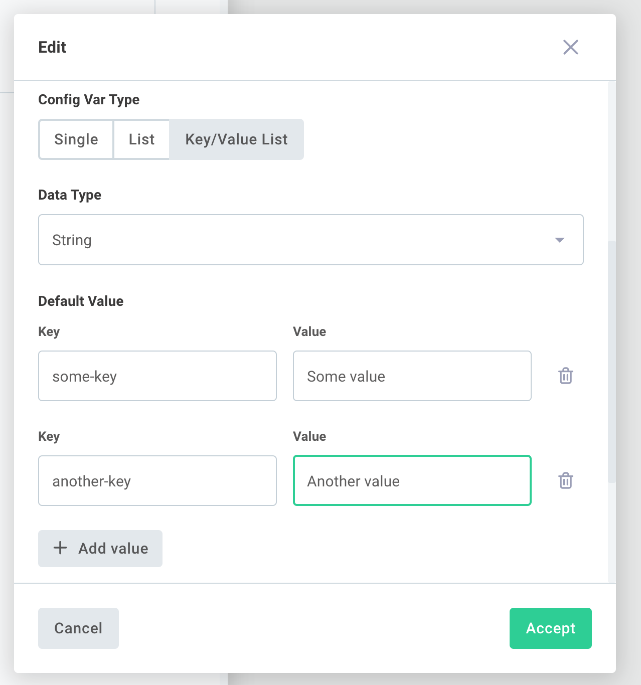 Create key/value list config variable