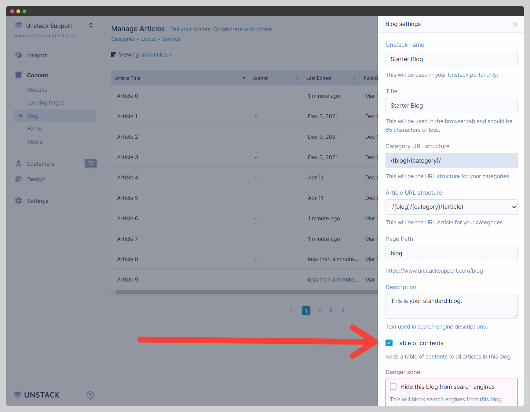 Enabling Table of Contents